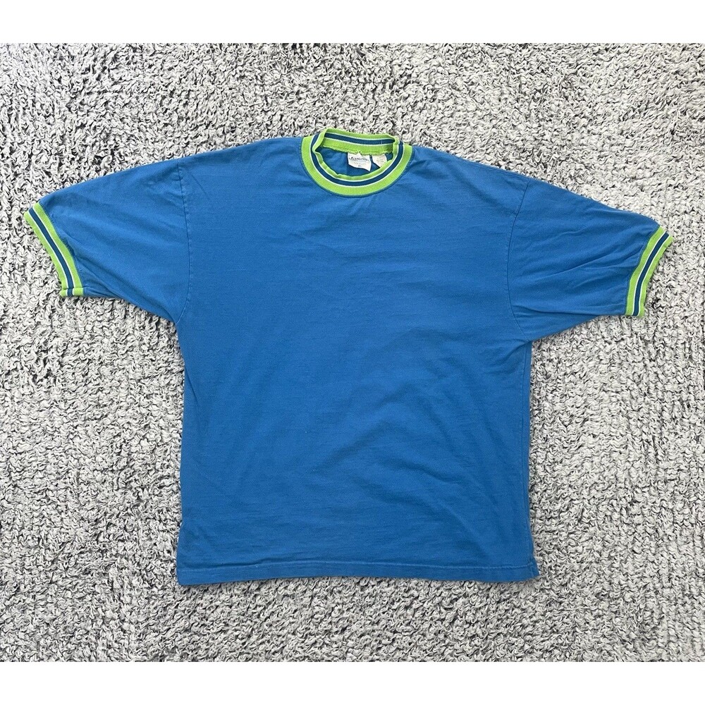 Vintage 80s T-Shirt Blank Mens XL Blue/Green Ringer Hanes Poly Cotton 50/50